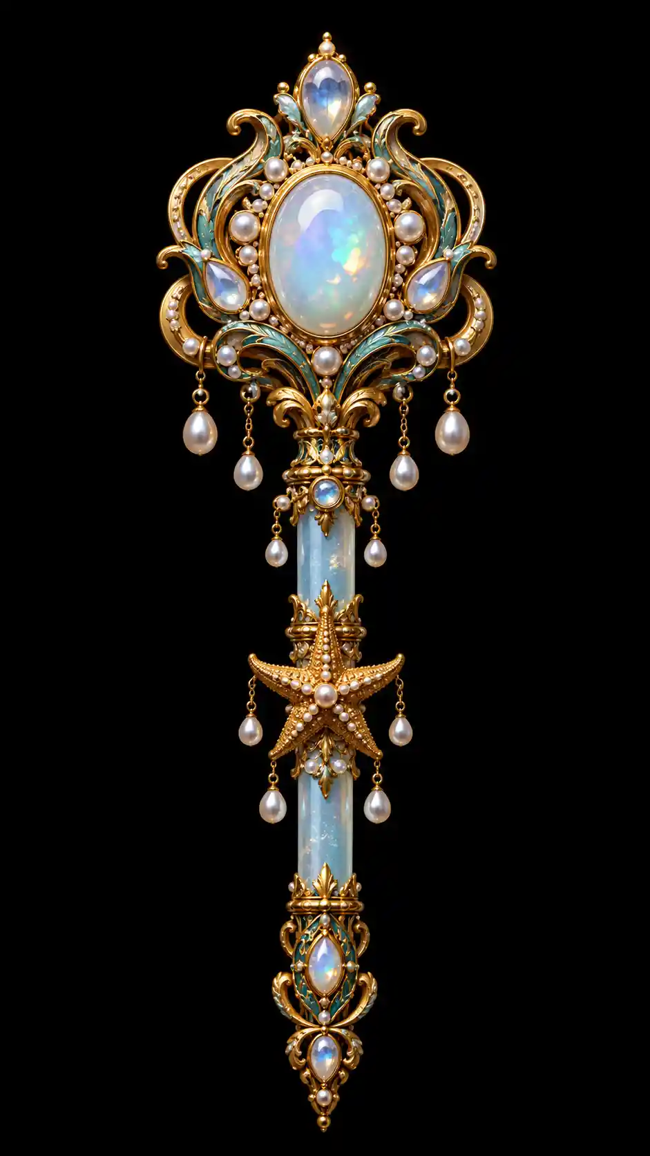 Ornate golden scepter with glowing opal on black background