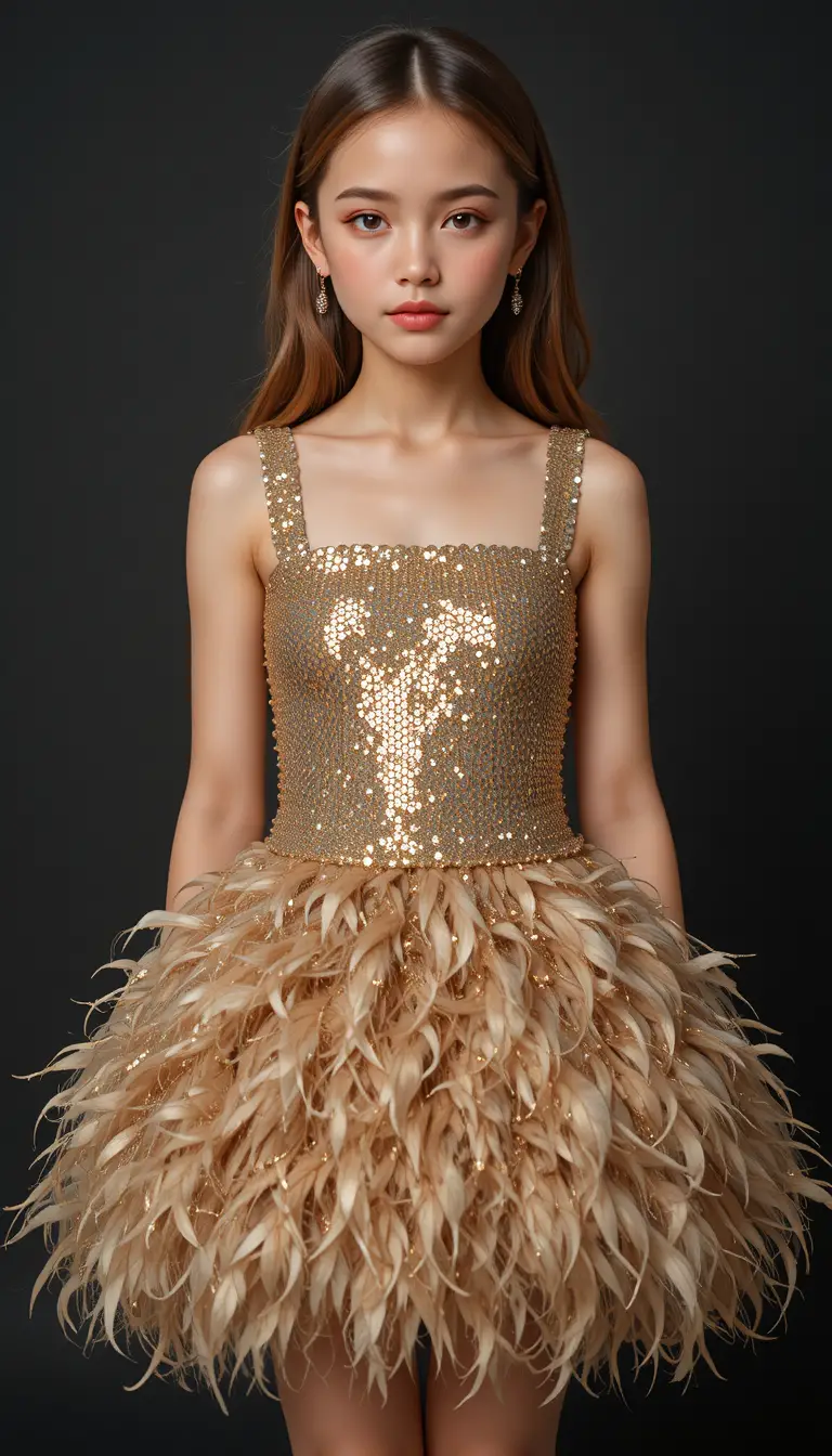 Jeune fille enjouée en mini-robe à sequins dorés scintillants