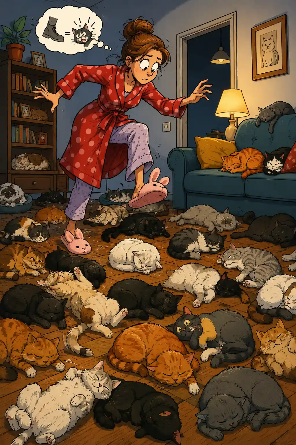Playful cartoon cats filling every step of a home