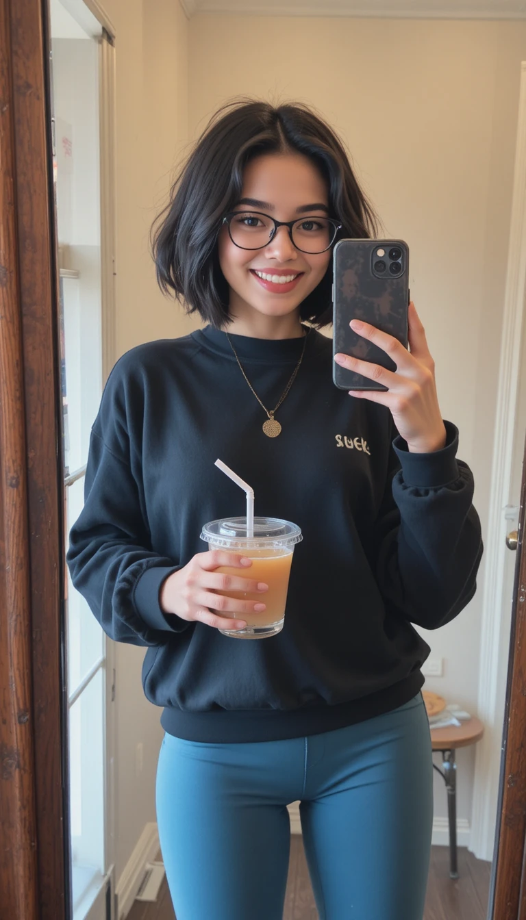 Smiling girl takes a casual mirror selfie in glasses