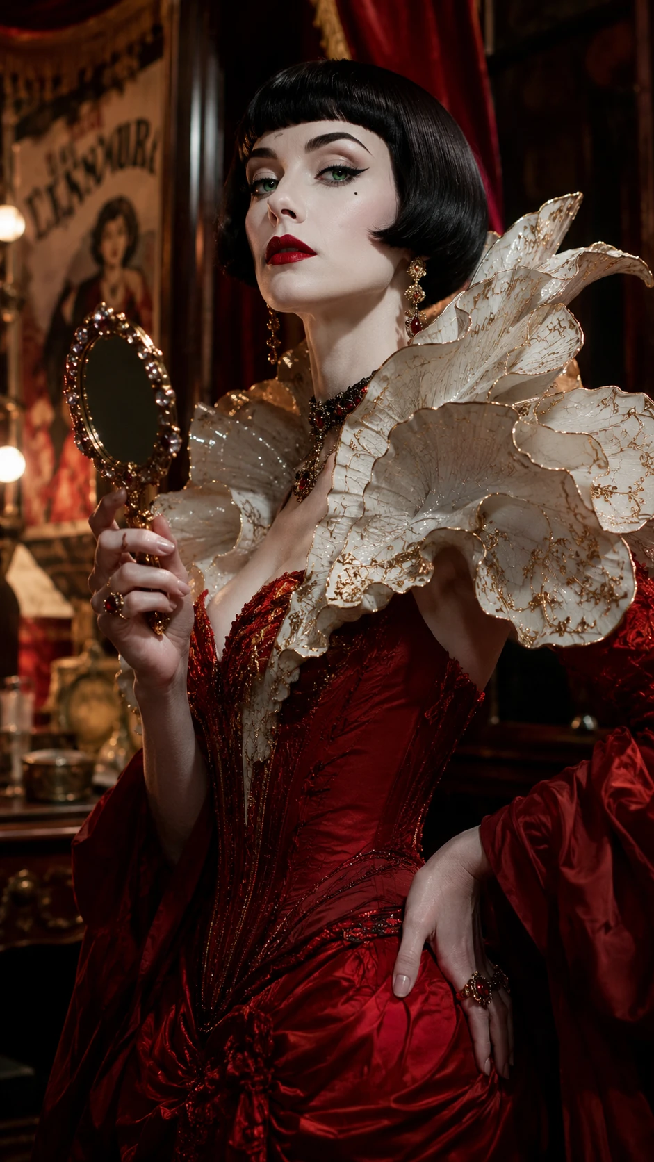 Elegant woman in scarlet gown holding jeweled mirror backstage
