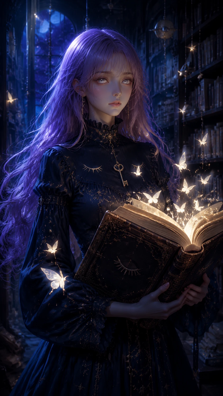 Bibliotecária de cabelo lavanda com olhos brilhantes em uma biblioteca onírica