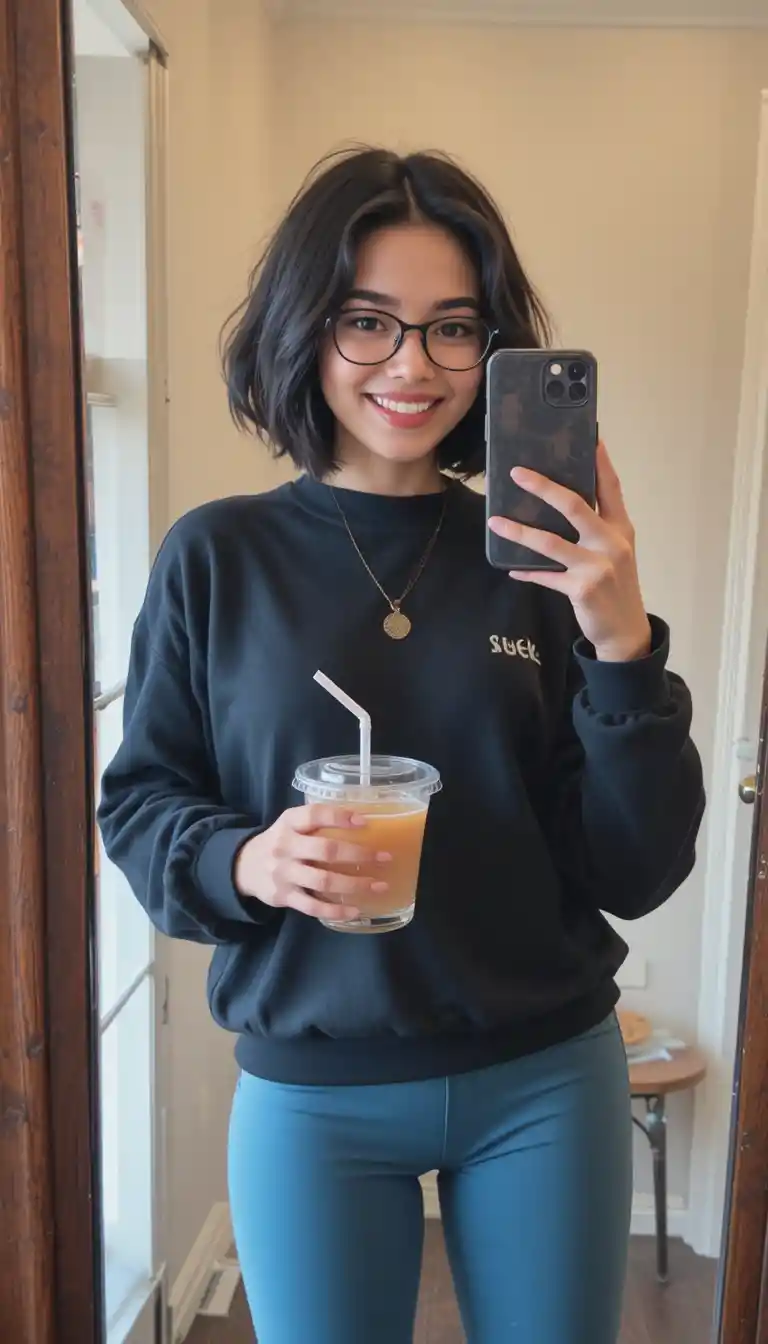 Ragazza sorridente si fa un selfie casual allo specchio con gli occhiali