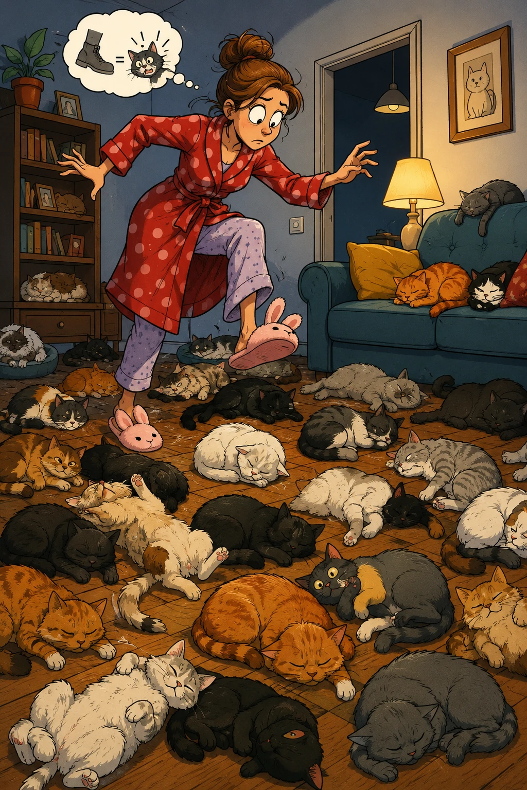 Playful cartoon cats filling every step of a home