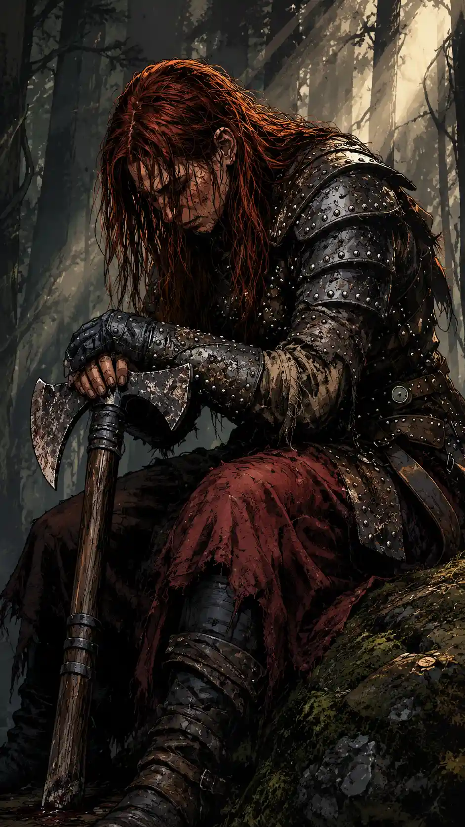 Dark fantasy graphic novel style illustration with ink lines