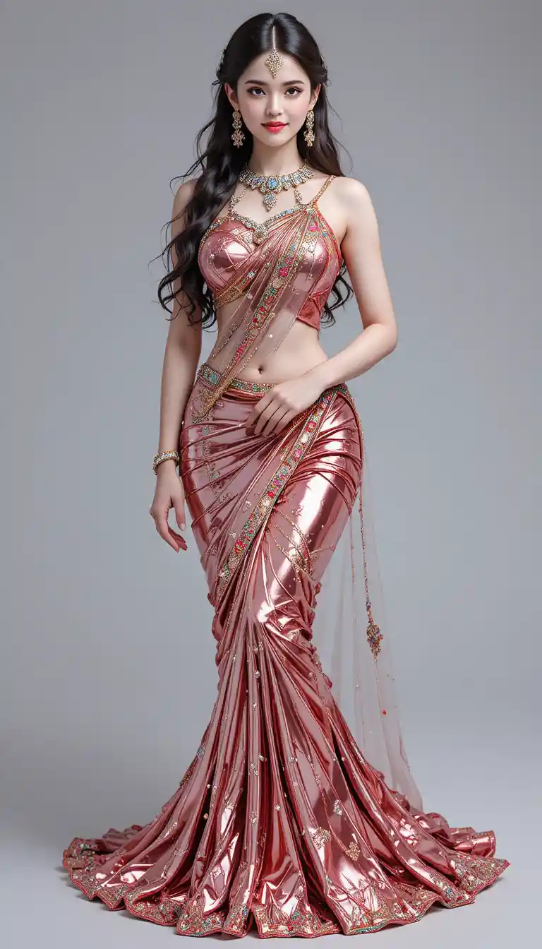 Sposa sirena indiana in saree a specchio lucido vista a figura intera
