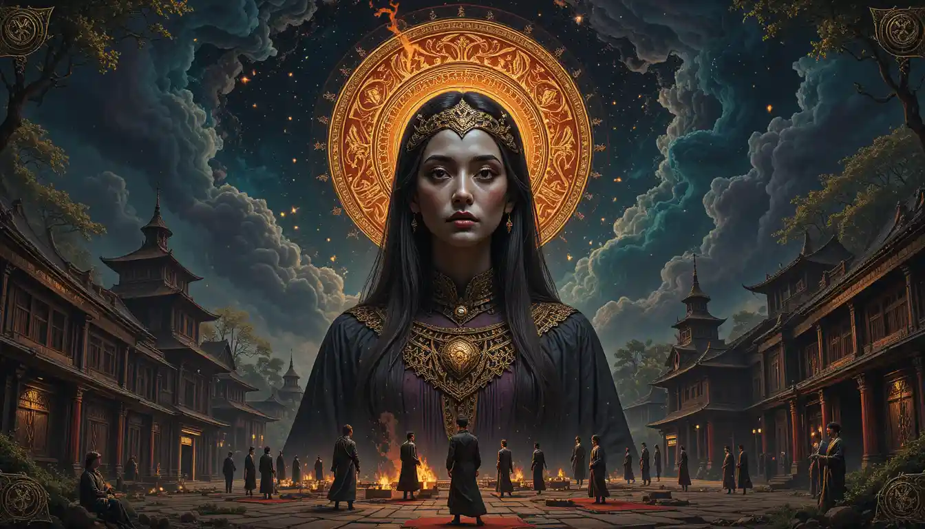 Three faced egyptian goddess above a burning ancient city