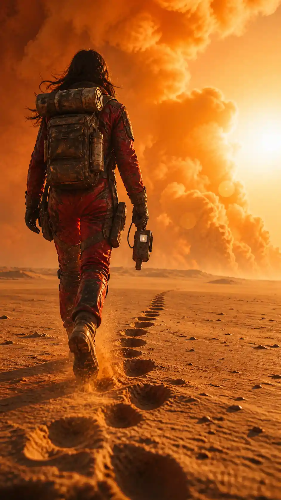 Viaggiatore solitario che attraversa un deserto arancione verso il fumo che si alza