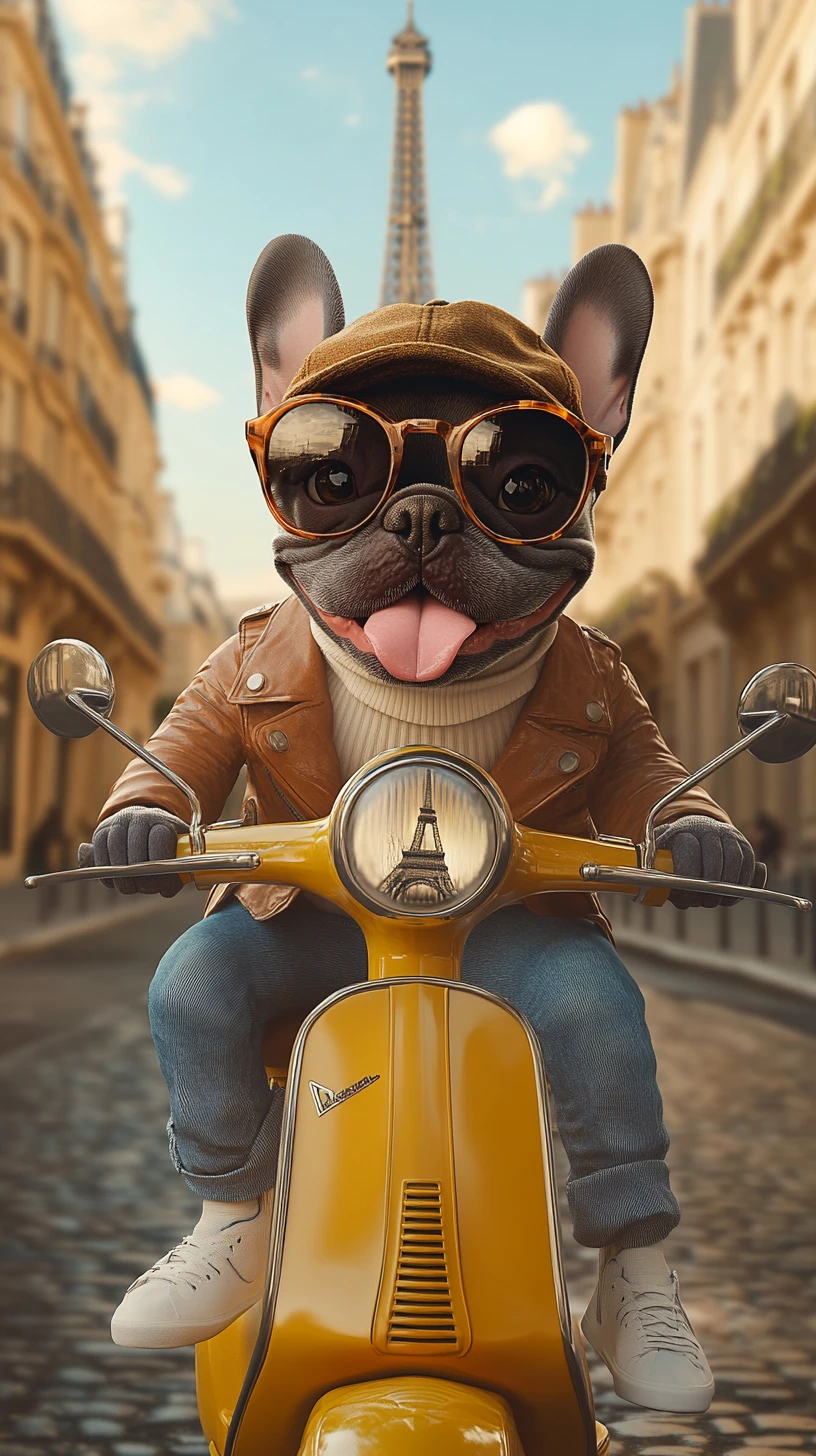 Bulldog francés montando una scooter amarilla por las calles de París