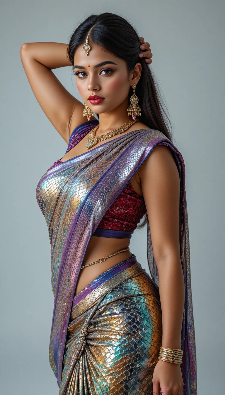 Mujer india curvilínea posando con un saree brillante de estampado de serpiente