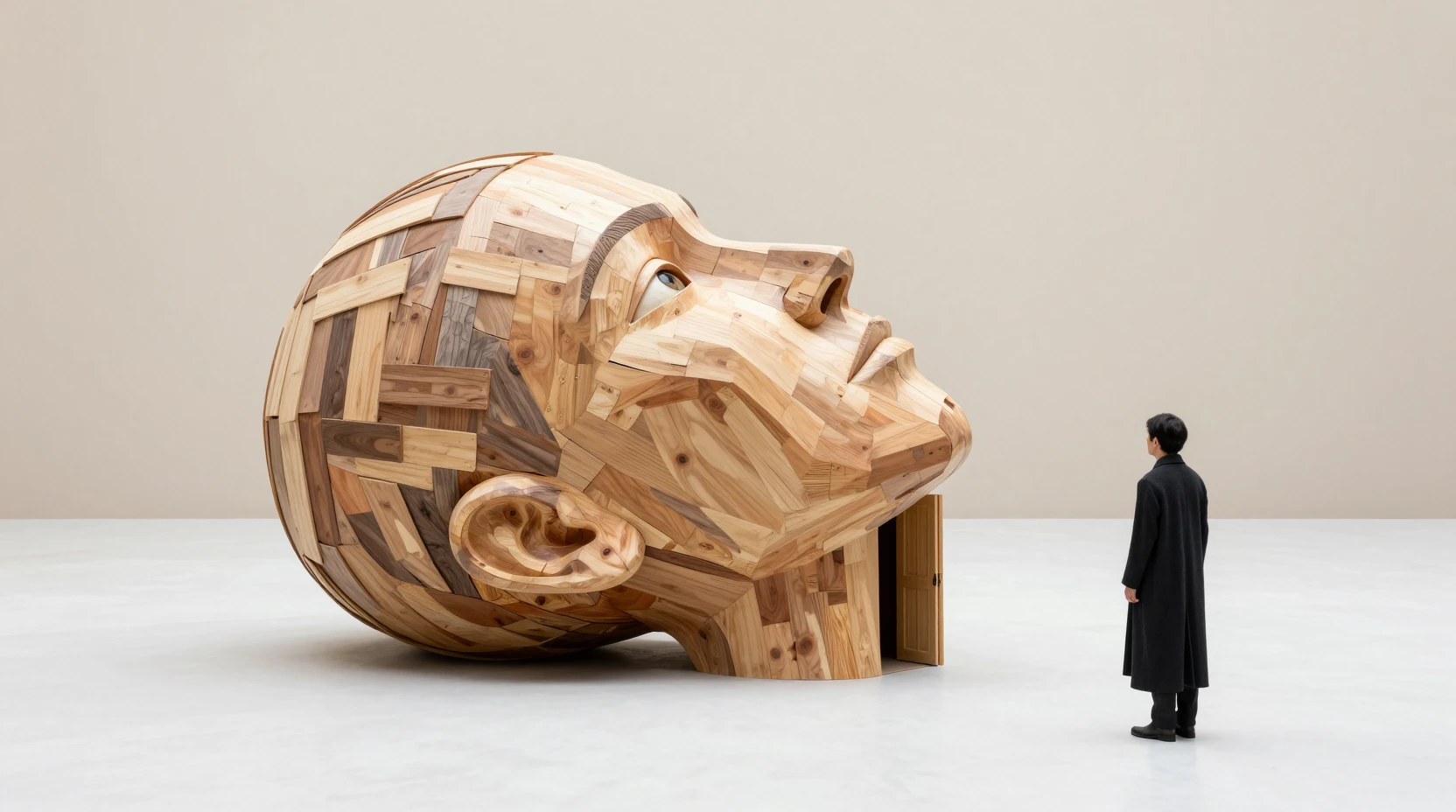 Surreal wooden head sculpture in a vast desert landscape
