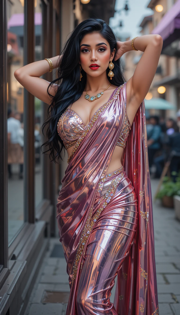 Mujer india con sari de espejo posando en una calle de la ciudad