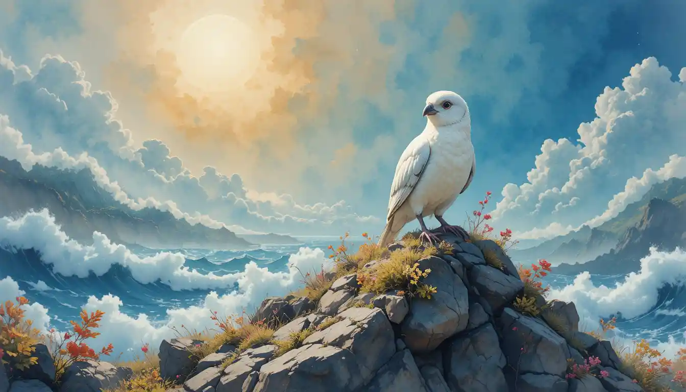 Seagull On Sandy Dune Overlooking Turquoise Ocean Waves