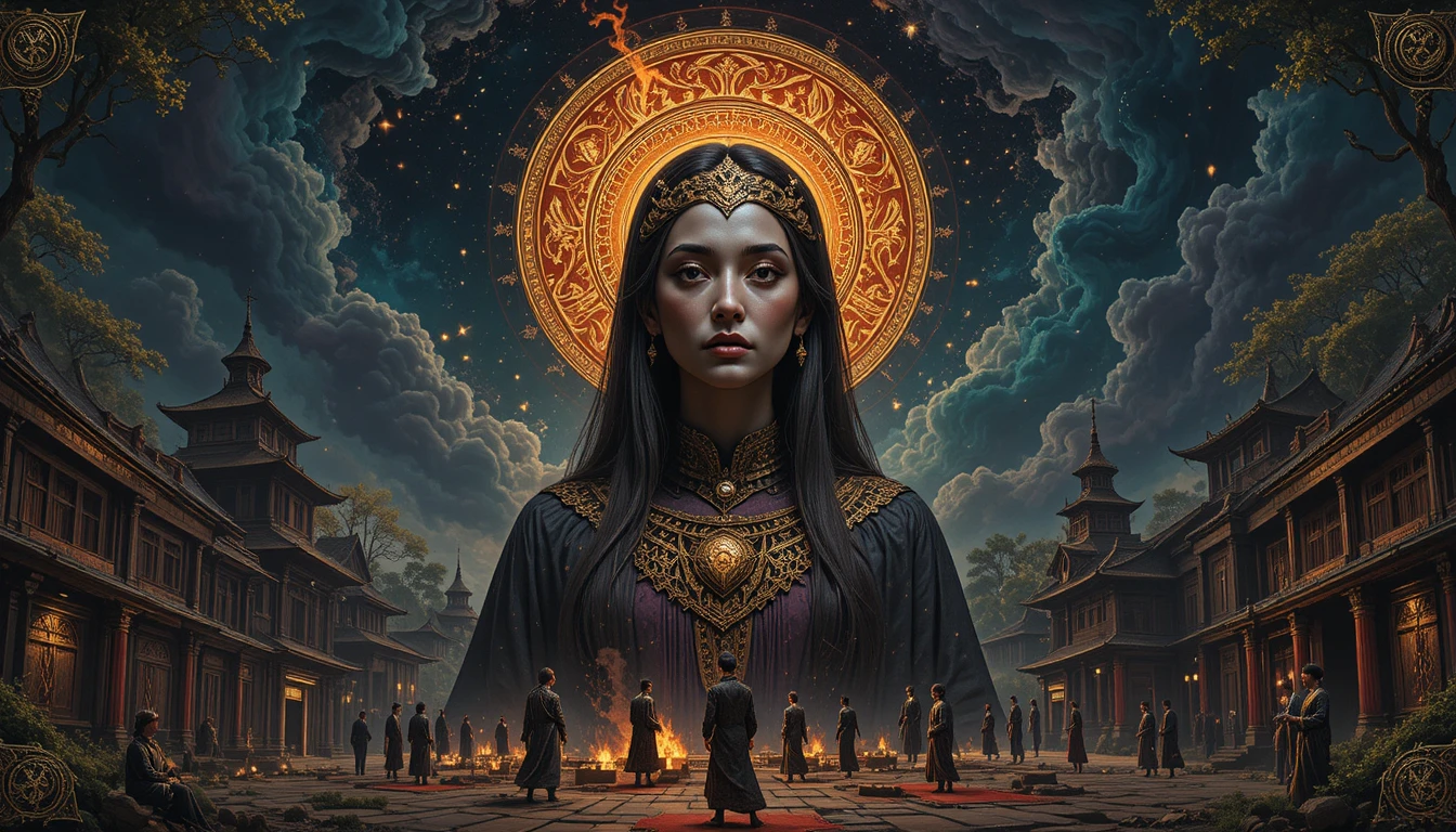 Three faced egyptian goddess above a burning ancient city