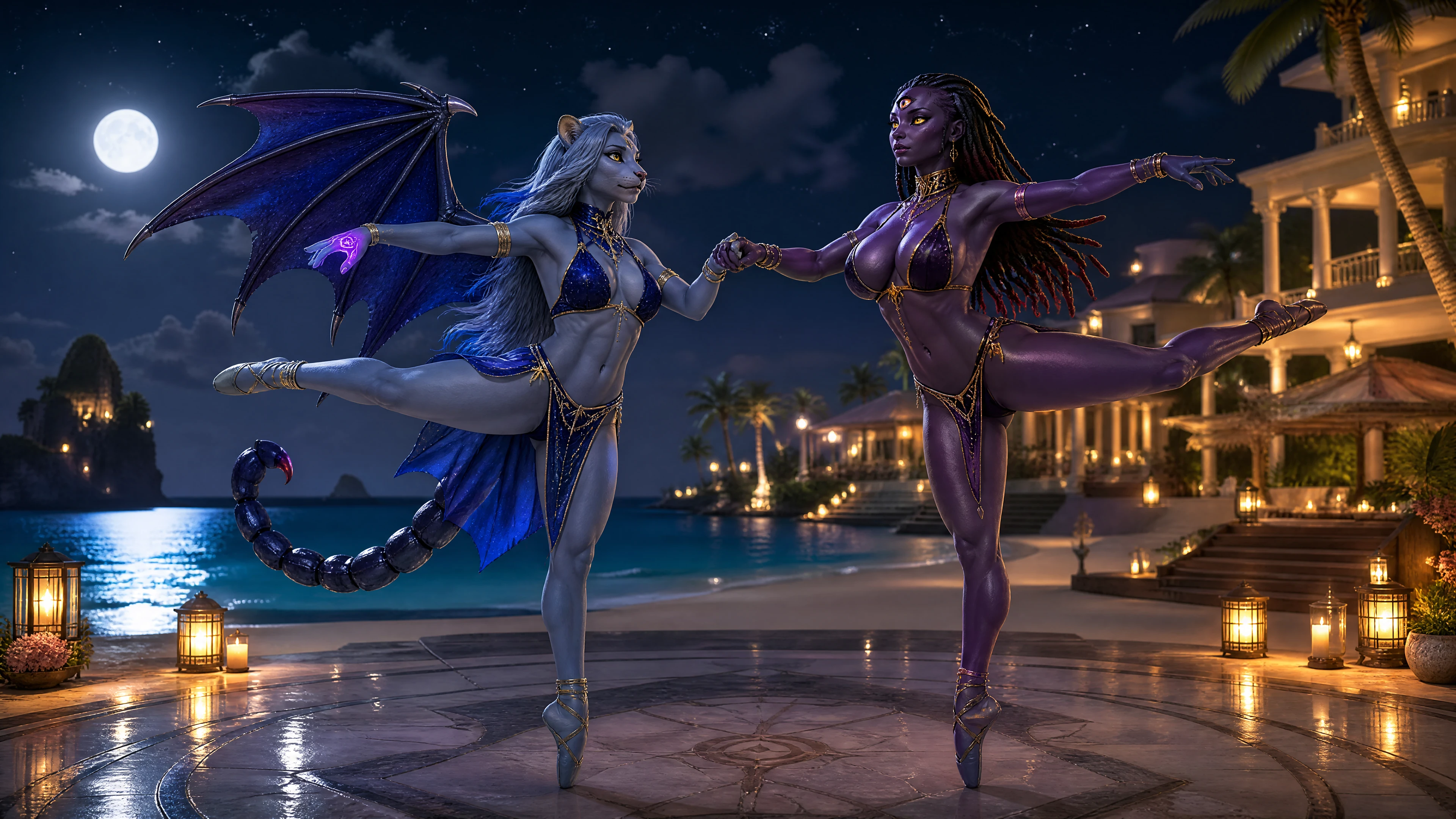 Pareja de fantasía bailando ballet en una lujosa playa a la luz de la luna