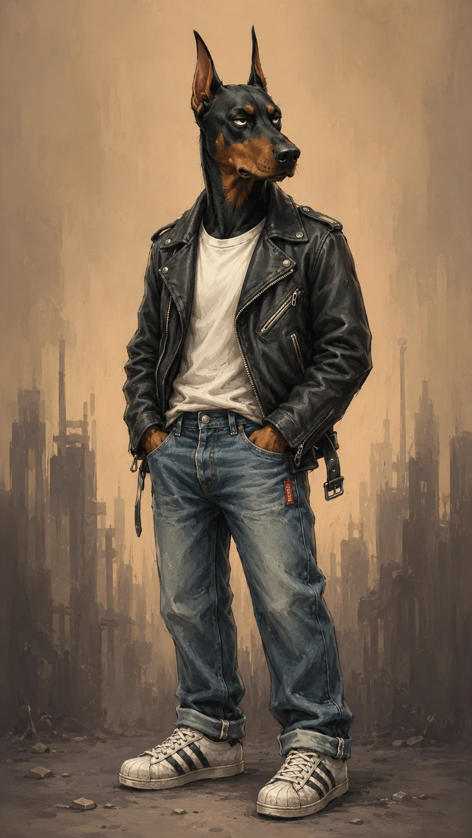 Dóberman antropomórfico con ropa urbana casual - ilustración