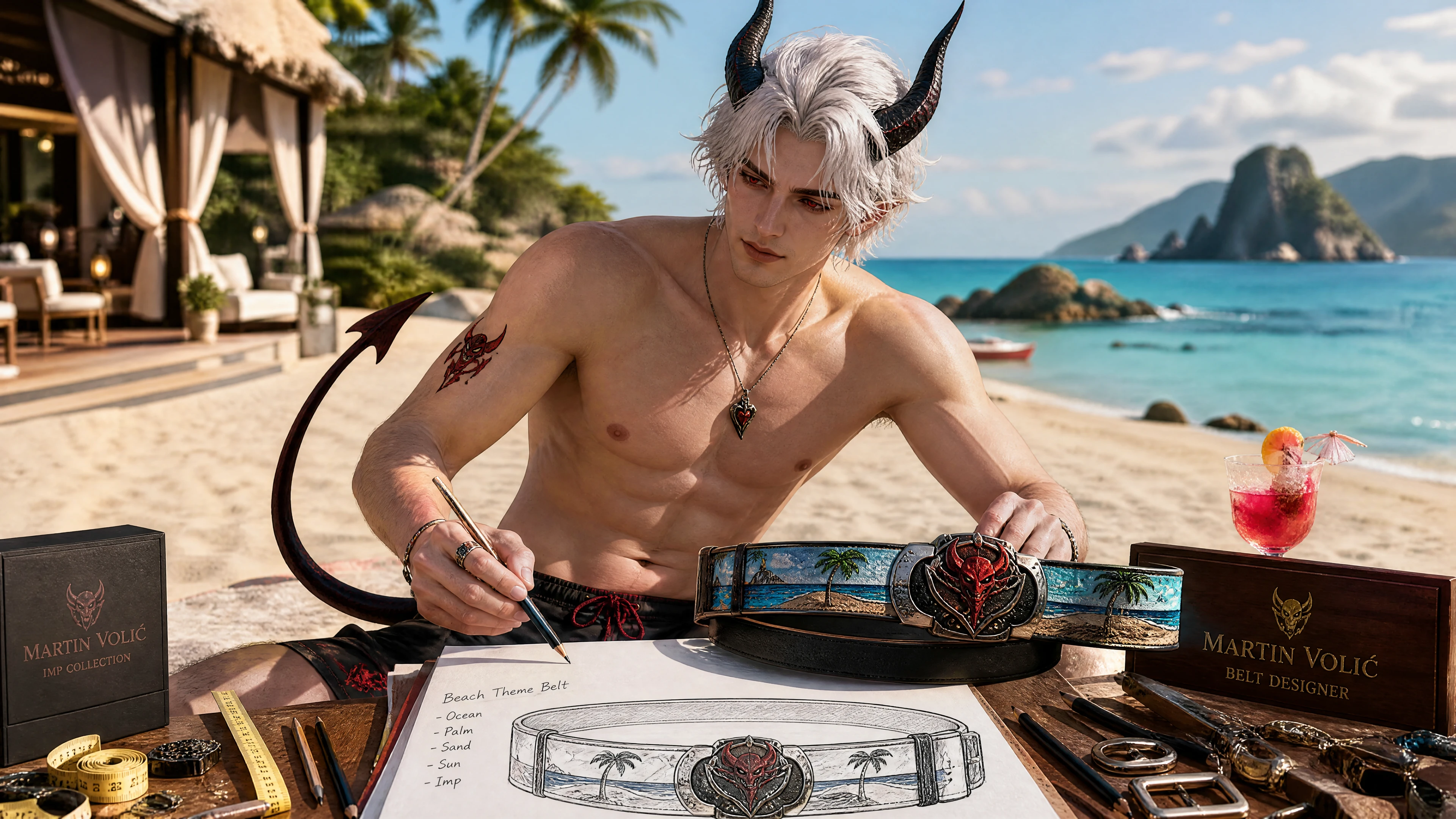 Homme fantastique cornu concevant une ceinture sur une plage ensoleillée