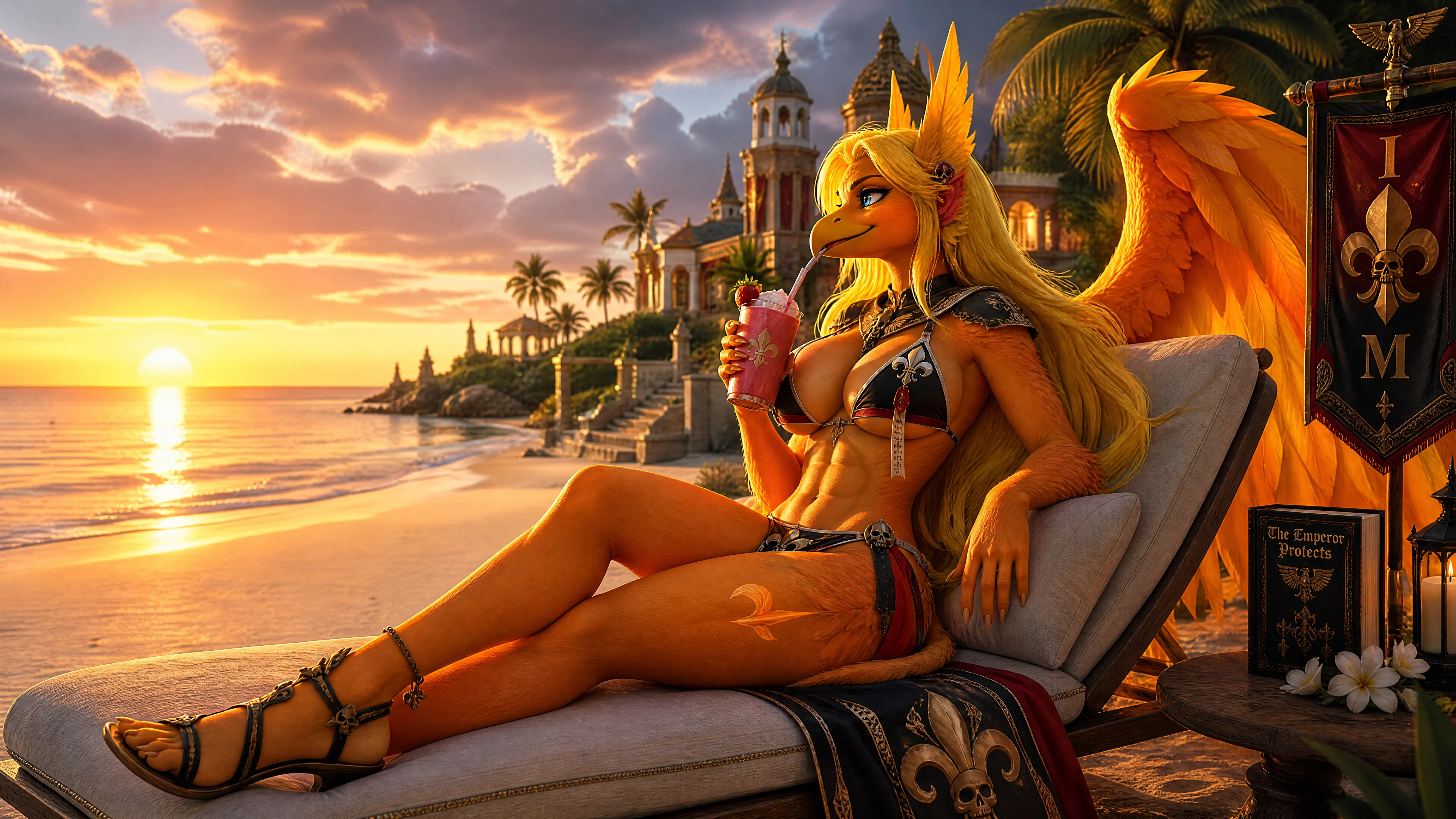 Mujer fénix alada relajándose con un batido al amanecer