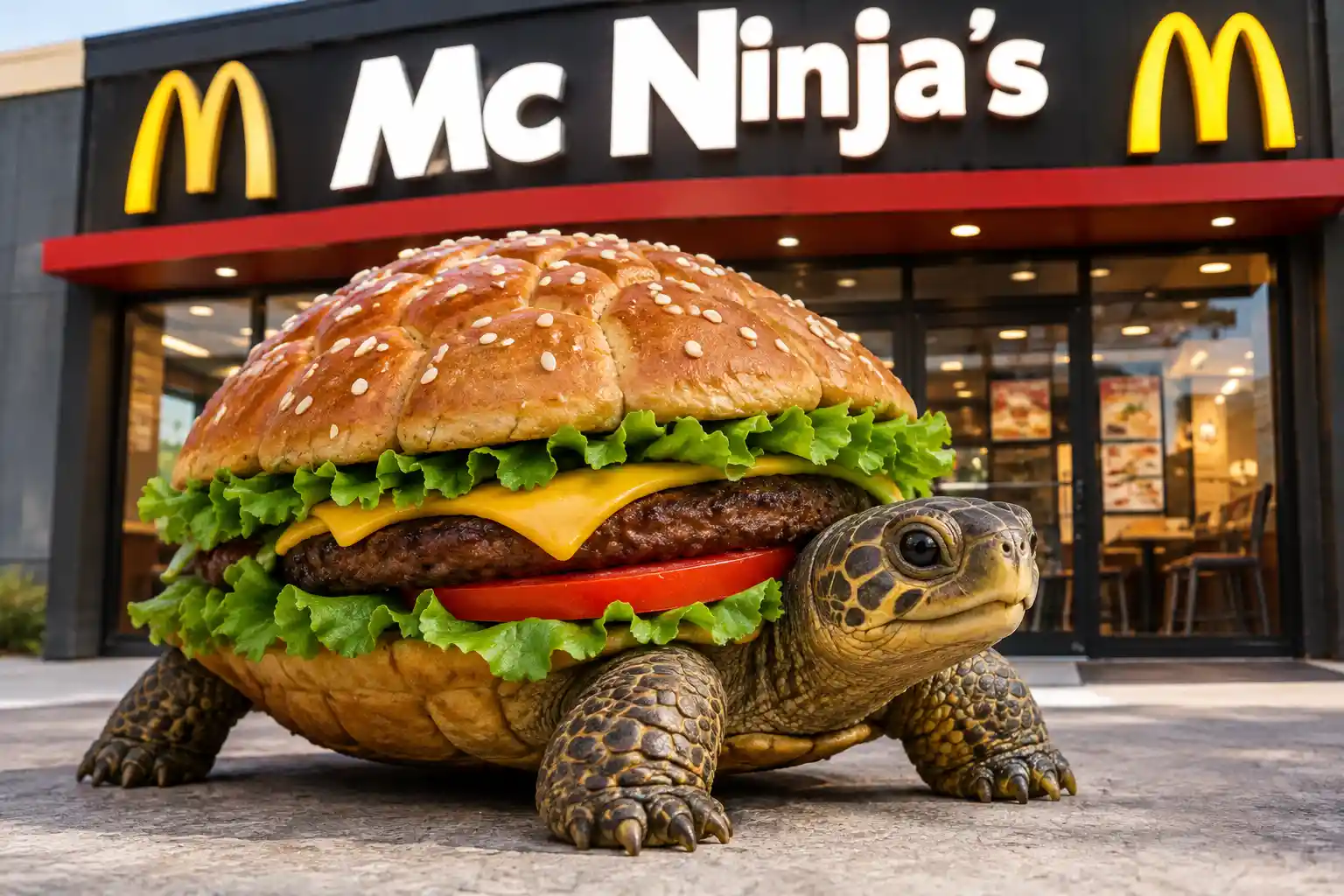 遊び心あふれるマックニンジャの標識の下にいるハンバーガーカメ