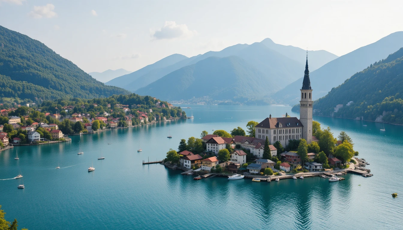 Aerial view of a tranquil lakeside village and mountains