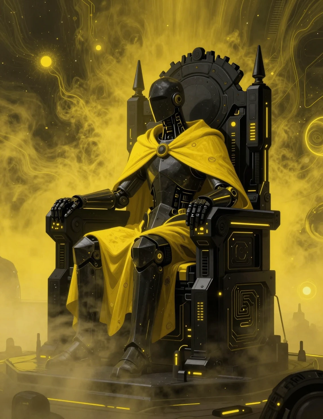 Riesiger Ritter auf einem Obsidianthron in einer neonbeleuchteten Kammer