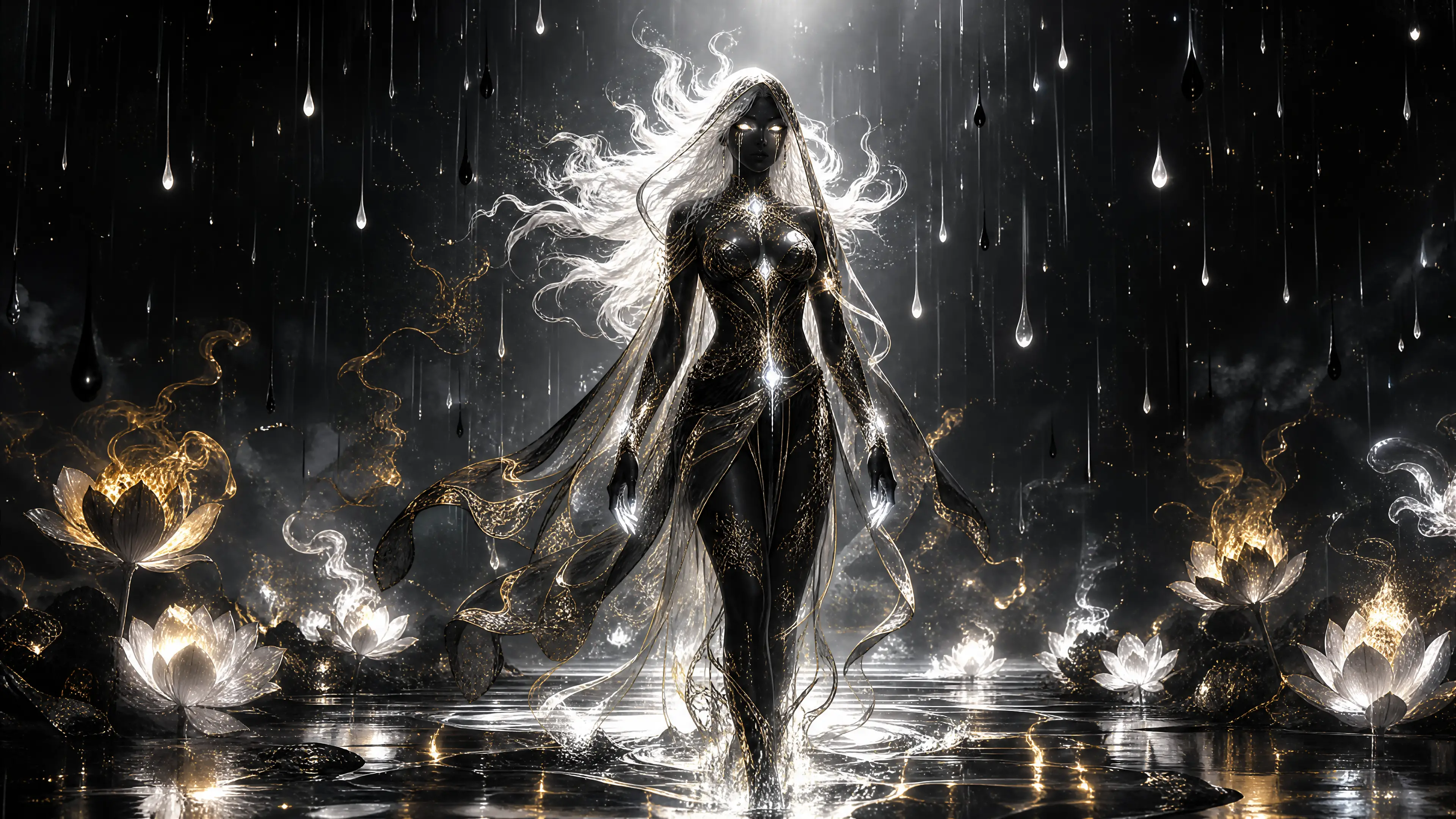 Mystical priestess with glowing tattoos in a dark realm