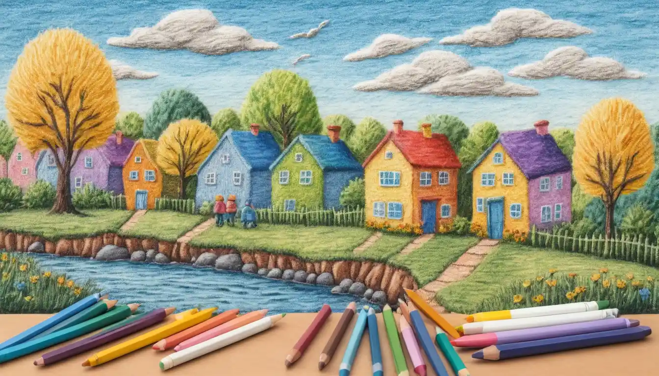 上から見た幼い子どもが簡単な風景画を描く様子