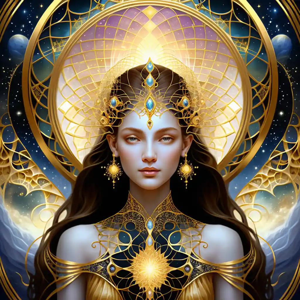 Tapiz fractal dorado que brilla en un espacio abstracto etéreo