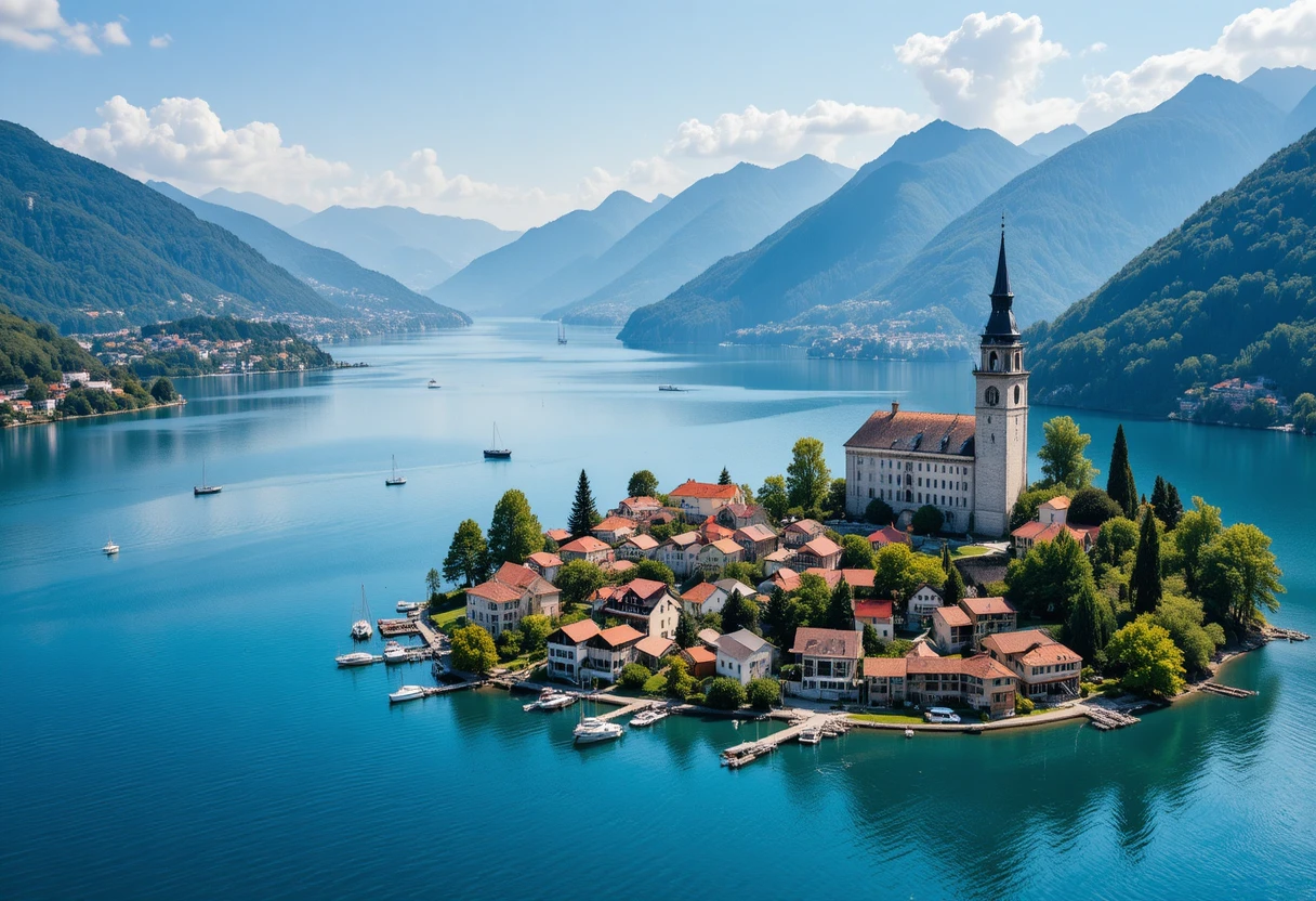 Vista aerea di un tranquillo villaggio sul lago e delle montagne