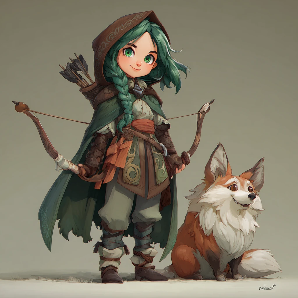 Niña gnoma arquera de cabello verde con compañero animal
