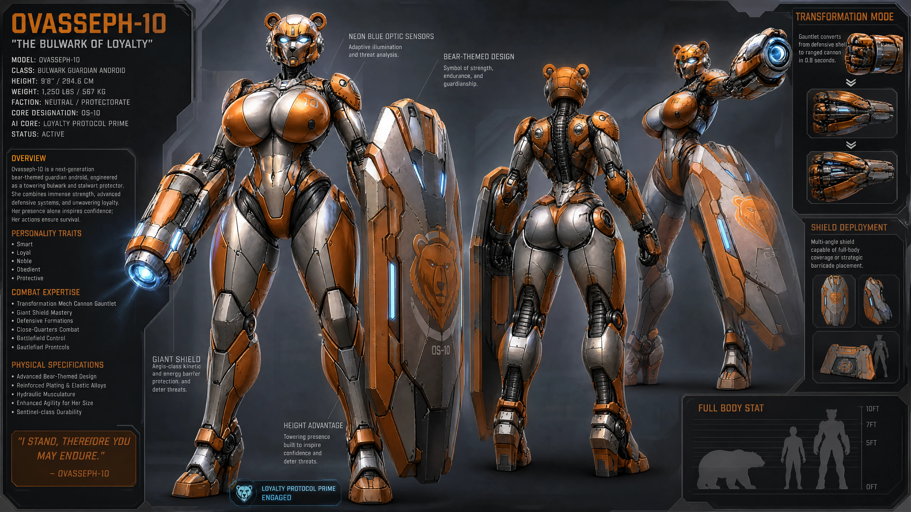 Alta guardiana androide femenina naranja y plateada con escudo