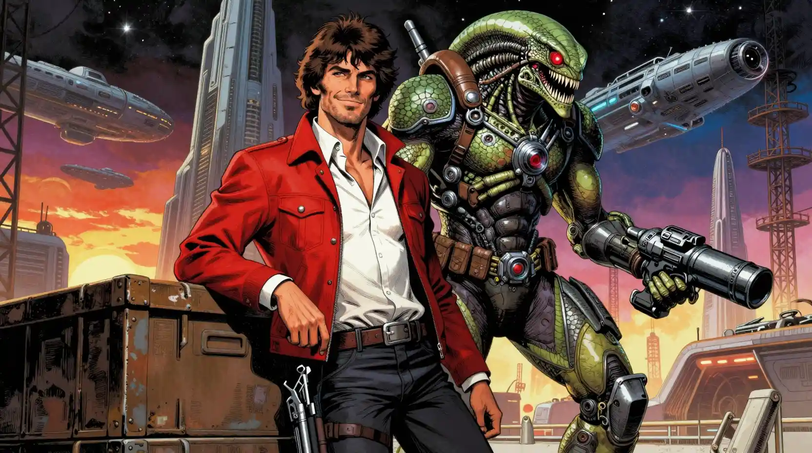 Human smuggler and cybernetic reptile enforcer in spaceport