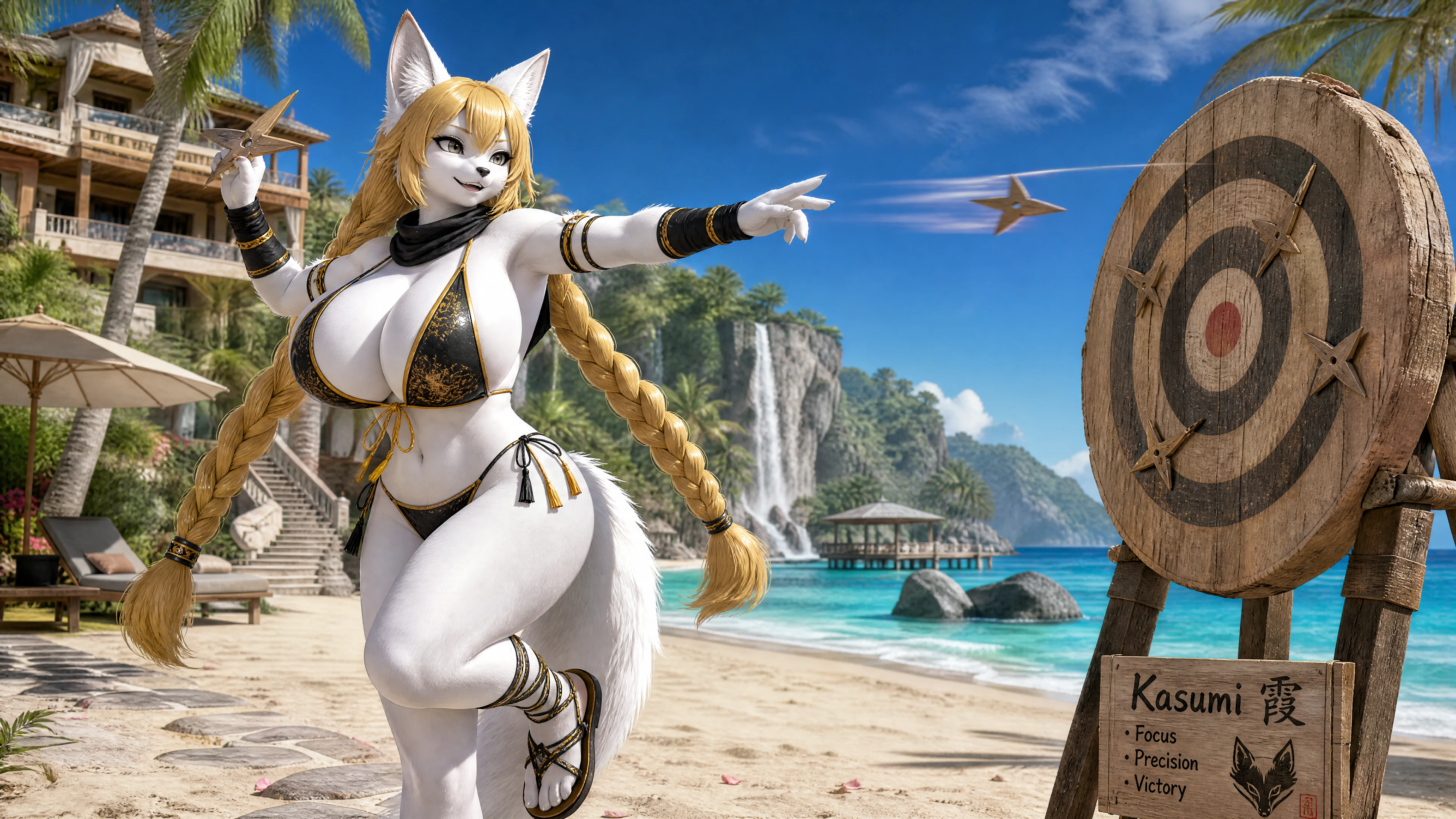 Mujer zorro ninja entrenando con shuriken en una playa tropical