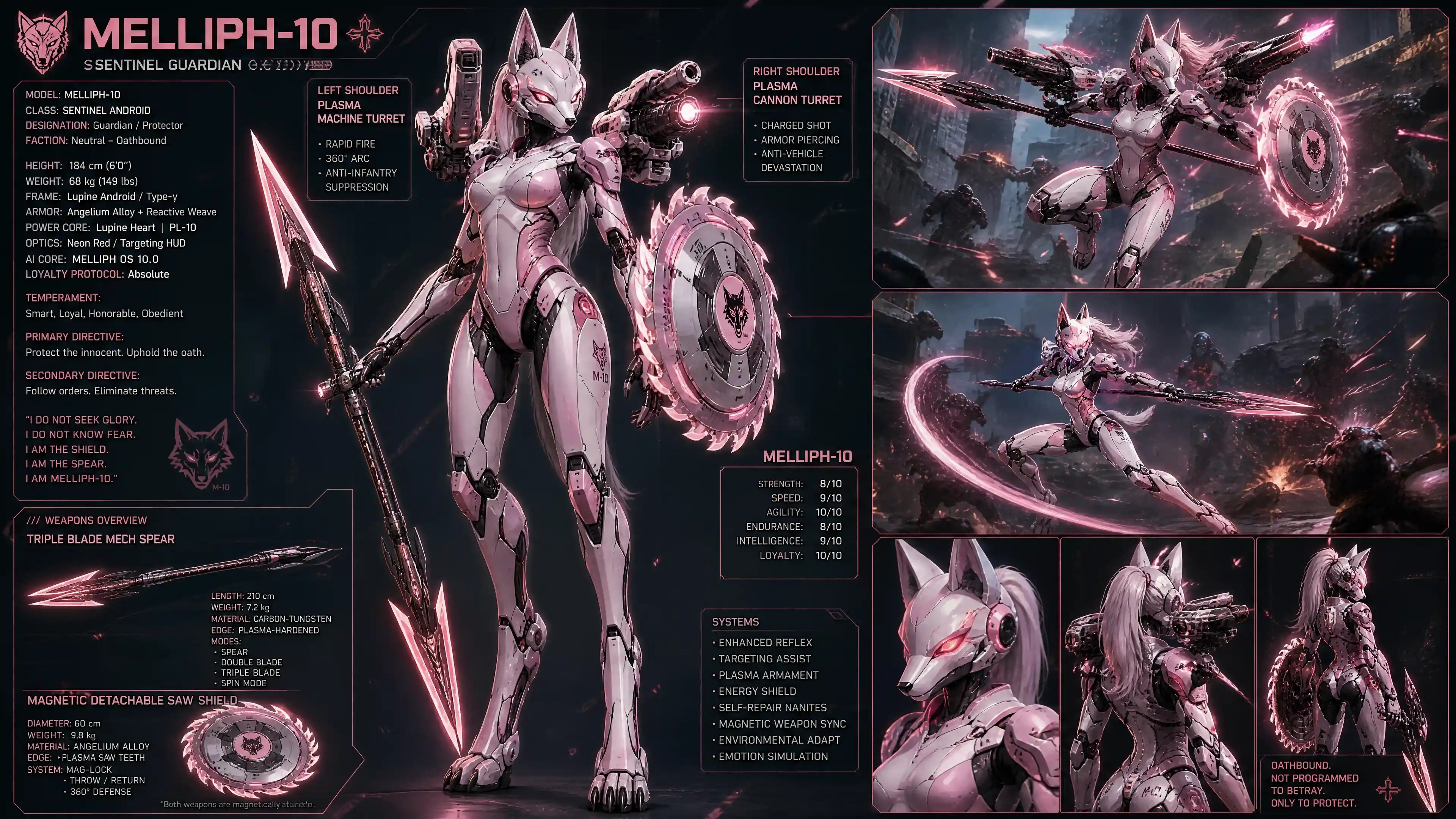 Androide loba femenina rosa y blanca, elegante, con torretas de armas