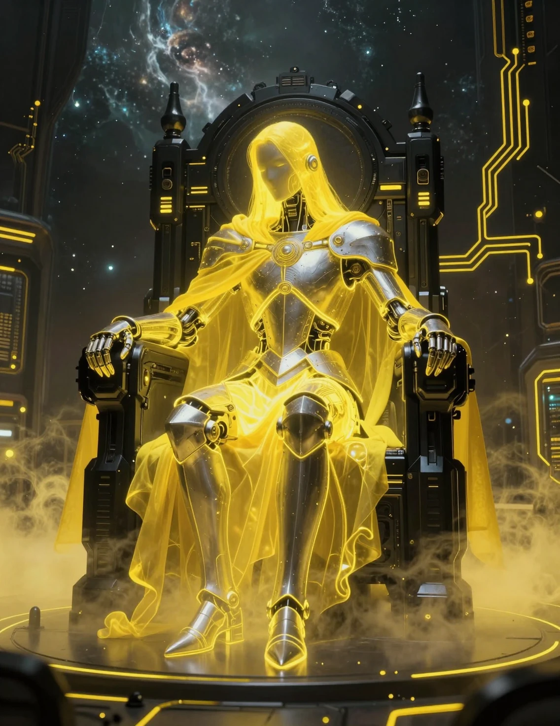Cavaliere gigante con mantello giallo su trono di ossidiana