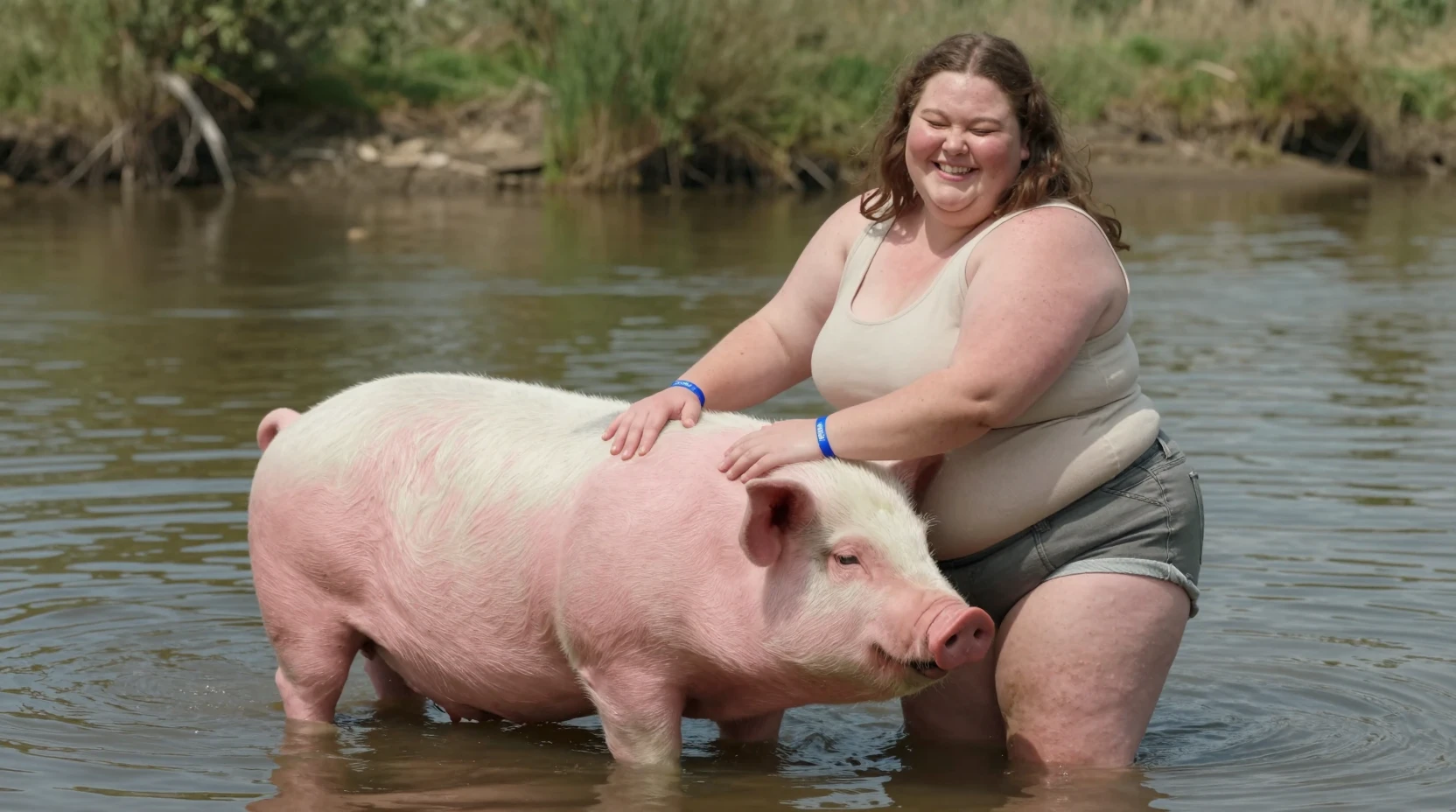 Mulher alegre montando um enorme porco rosa na água rasa