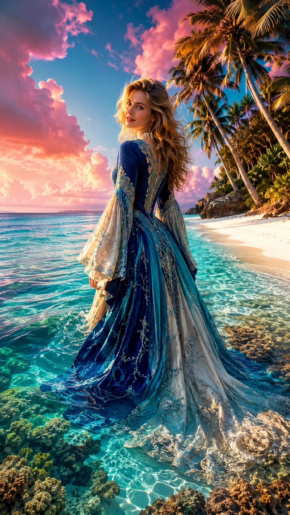 Elegante donna in abito di haute couture in acque tropicali poco profonde