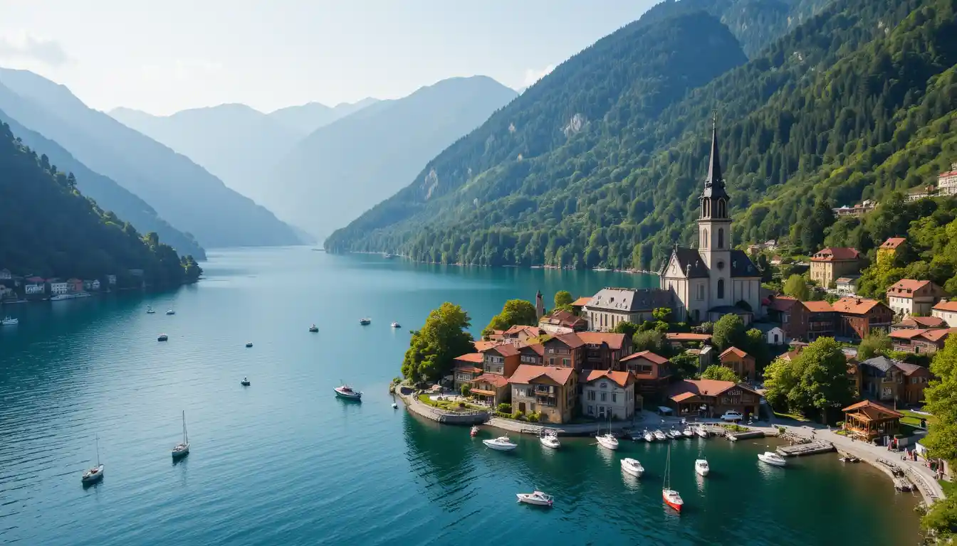 Luftaufnahme eines ruhigen Dorfes am See und der Berge