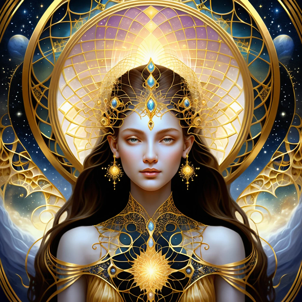 Tapiz fractal dorado que brilla en un espacio abstracto etéreo