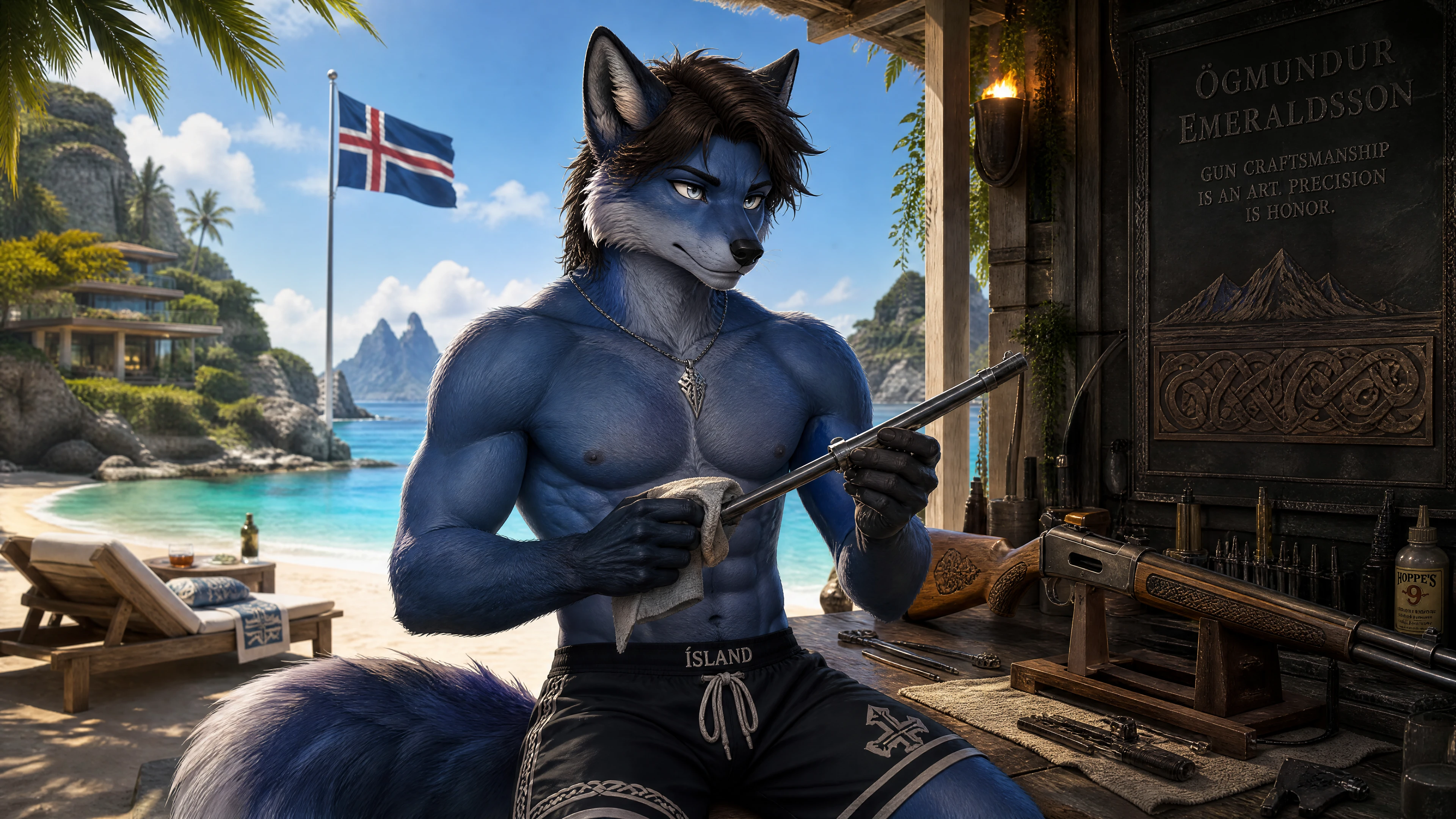Zorro azul antropomórfico limpiando un arma en una playa tropical