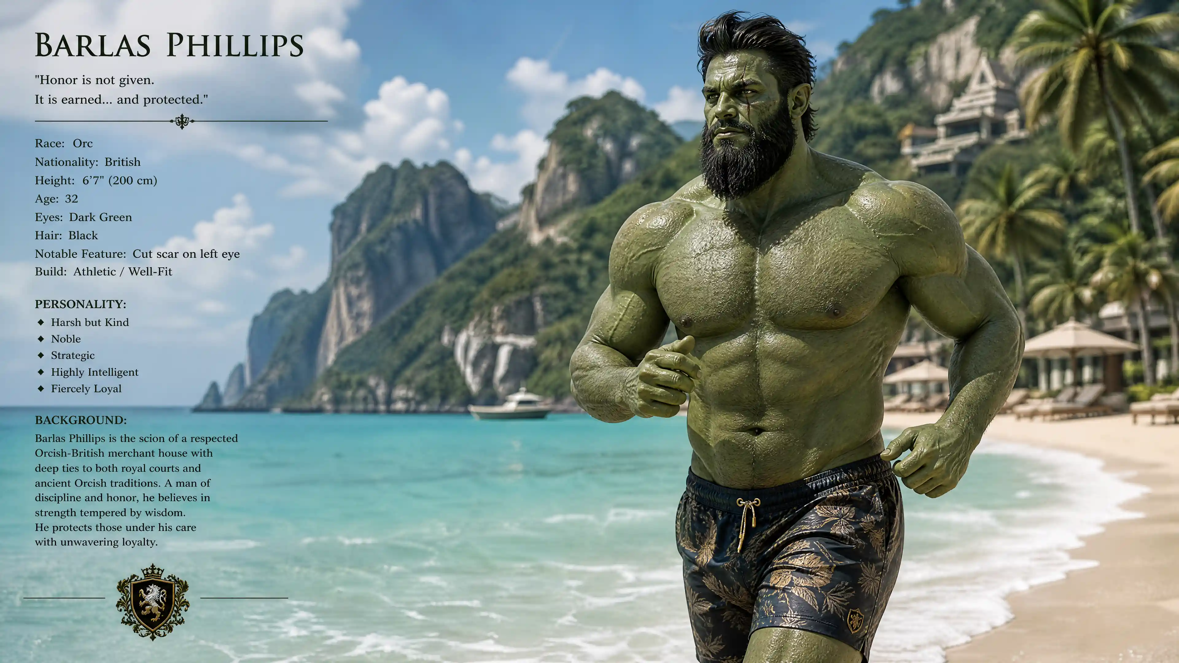 Orco verde che corre lungo una lussuosa spiaggia tropicale