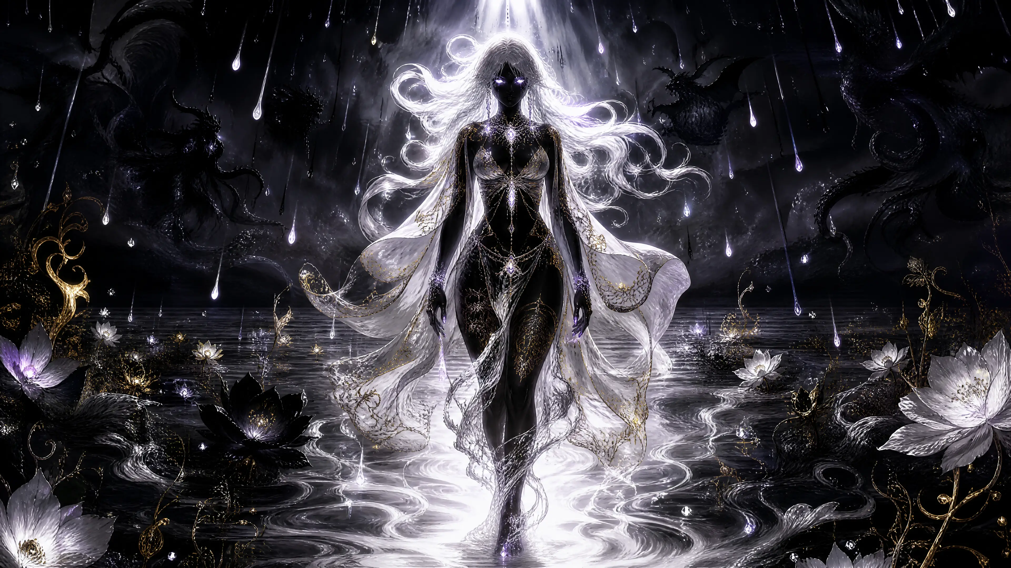 Mystical priestess in dark realm with glowing white skin