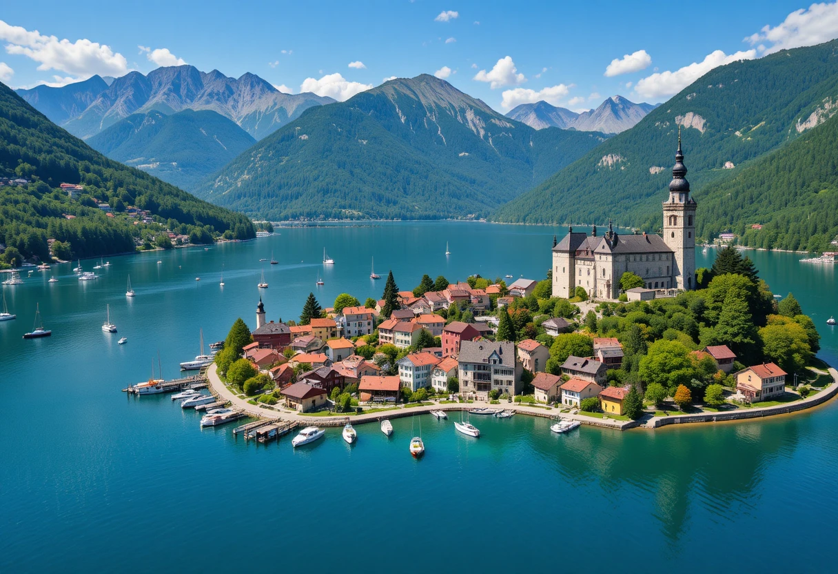 Luftaufnahme eines ruhigen Dorfes am See und der umliegenden Berge