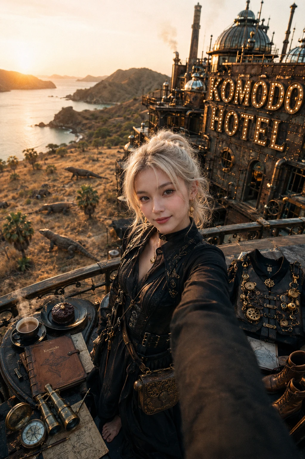 Selfi en ángulo cenital de una princesa steampunk descalza al amanecer
