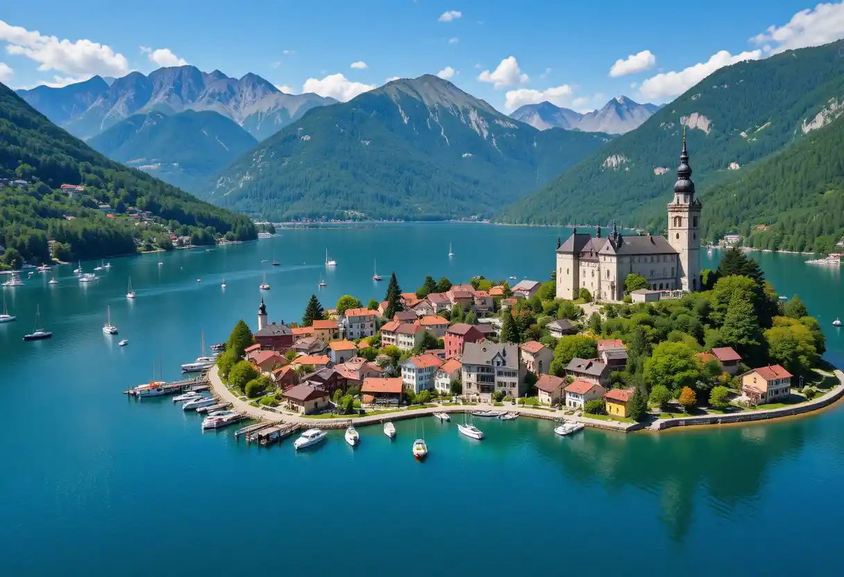 Luftaufnahme eines ruhigen Dorfes am See und der umliegenden Berge