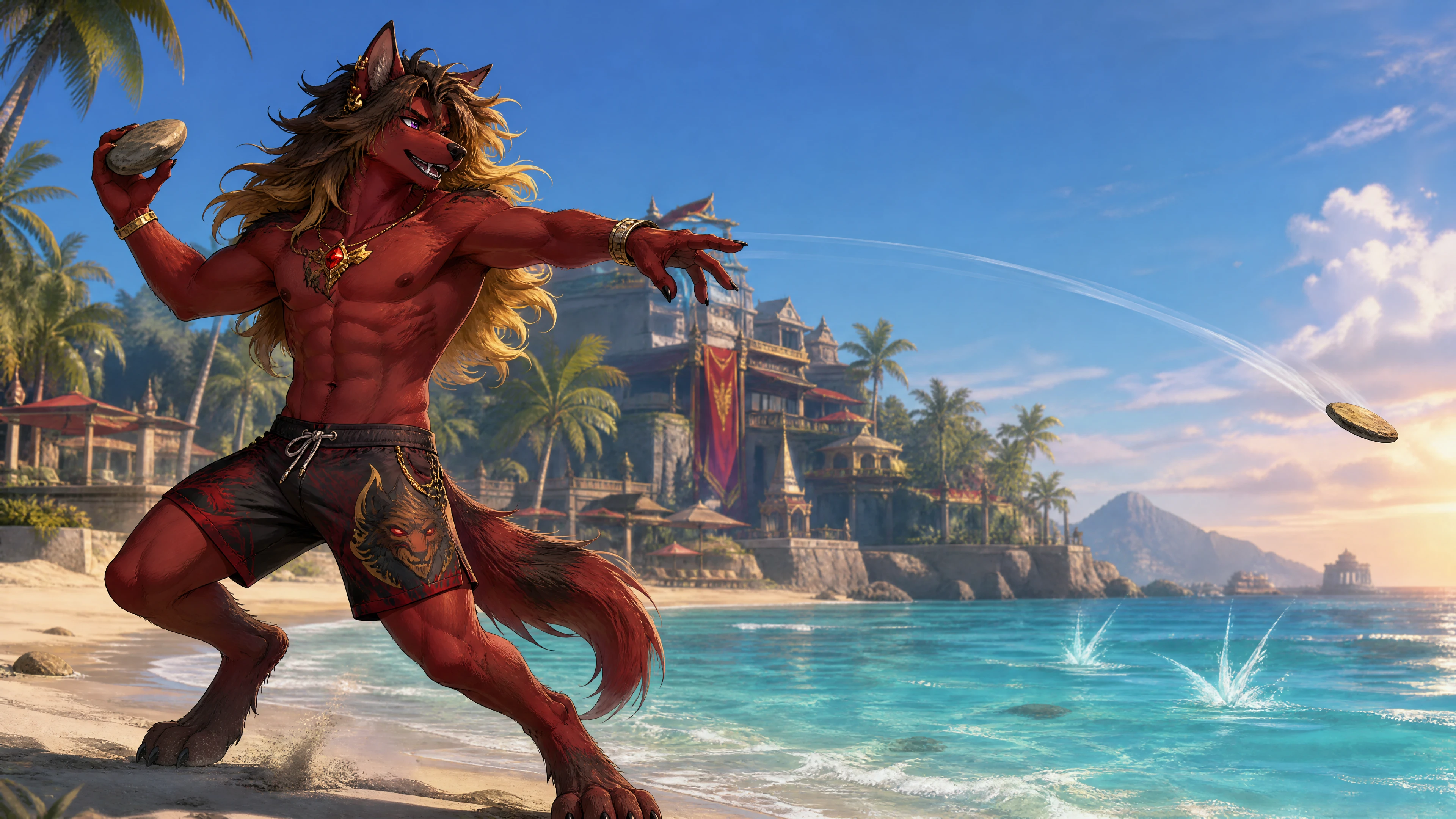 Anthro hellhound tossing a rock on a sunny beach