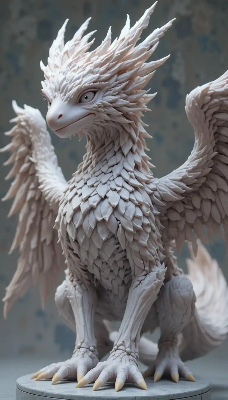 Anime griffin sculpture with oversized head and short limbs