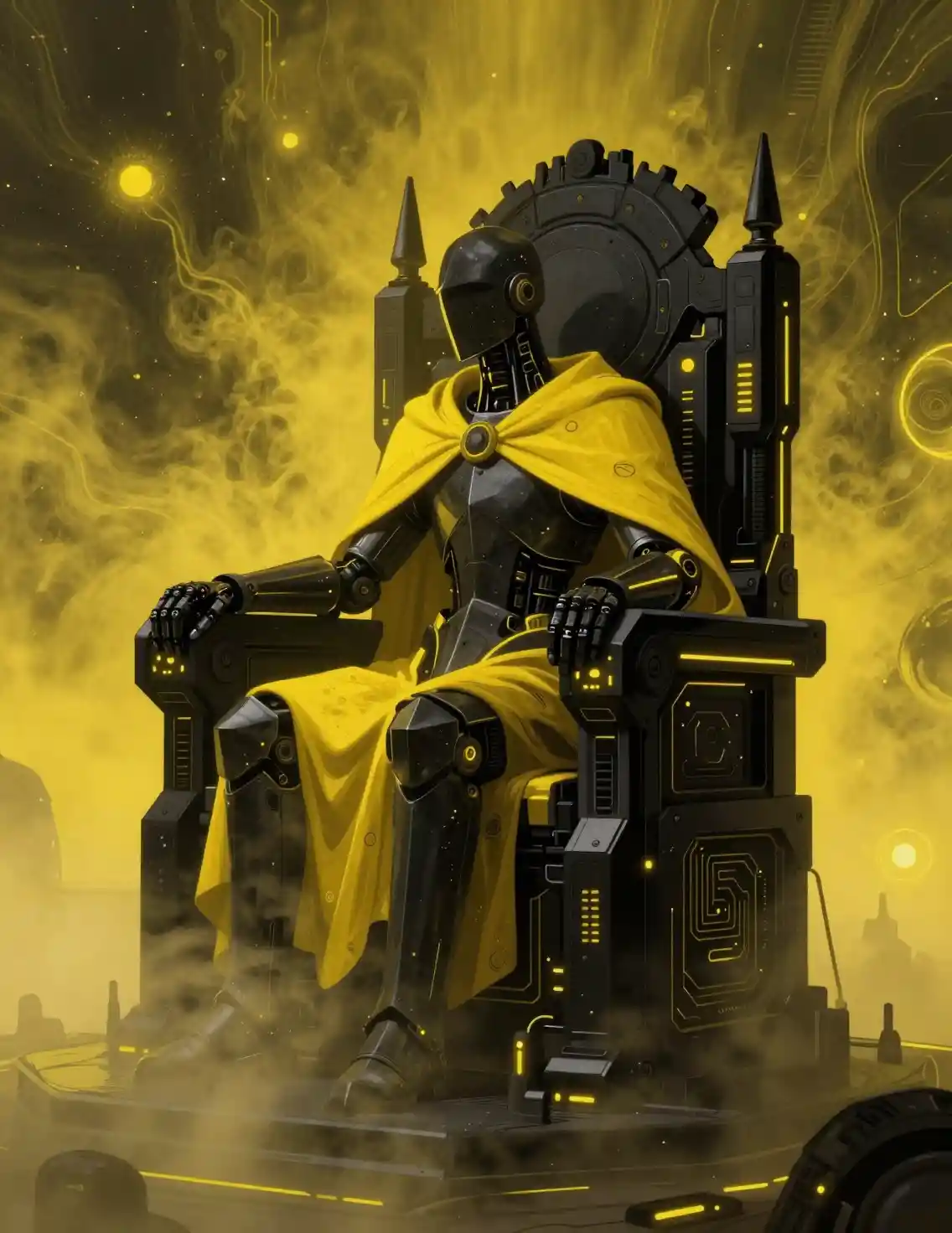 Riesiger Ritter auf einem Obsidianthron in einer neonbeleuchteten Kammer
