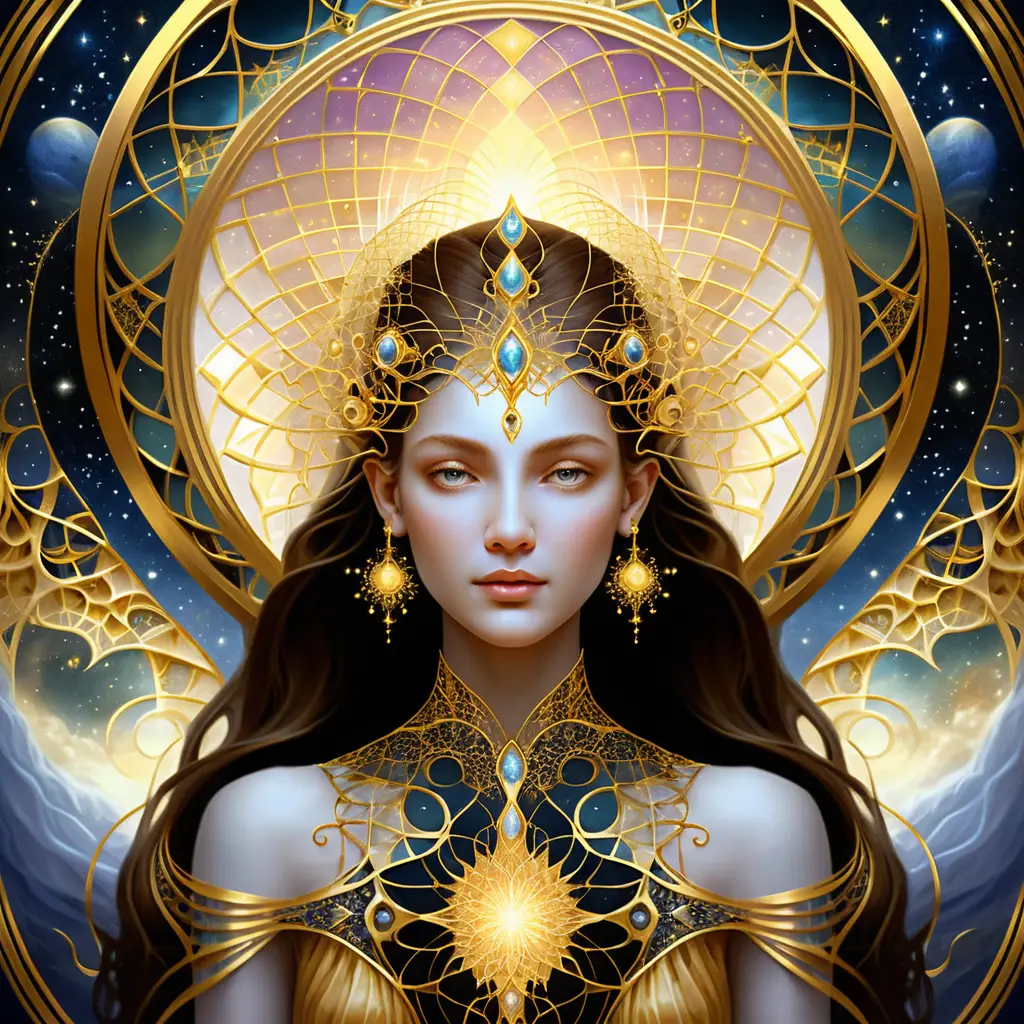 Golden fractal tapestry shimmering in ethereal abstract space