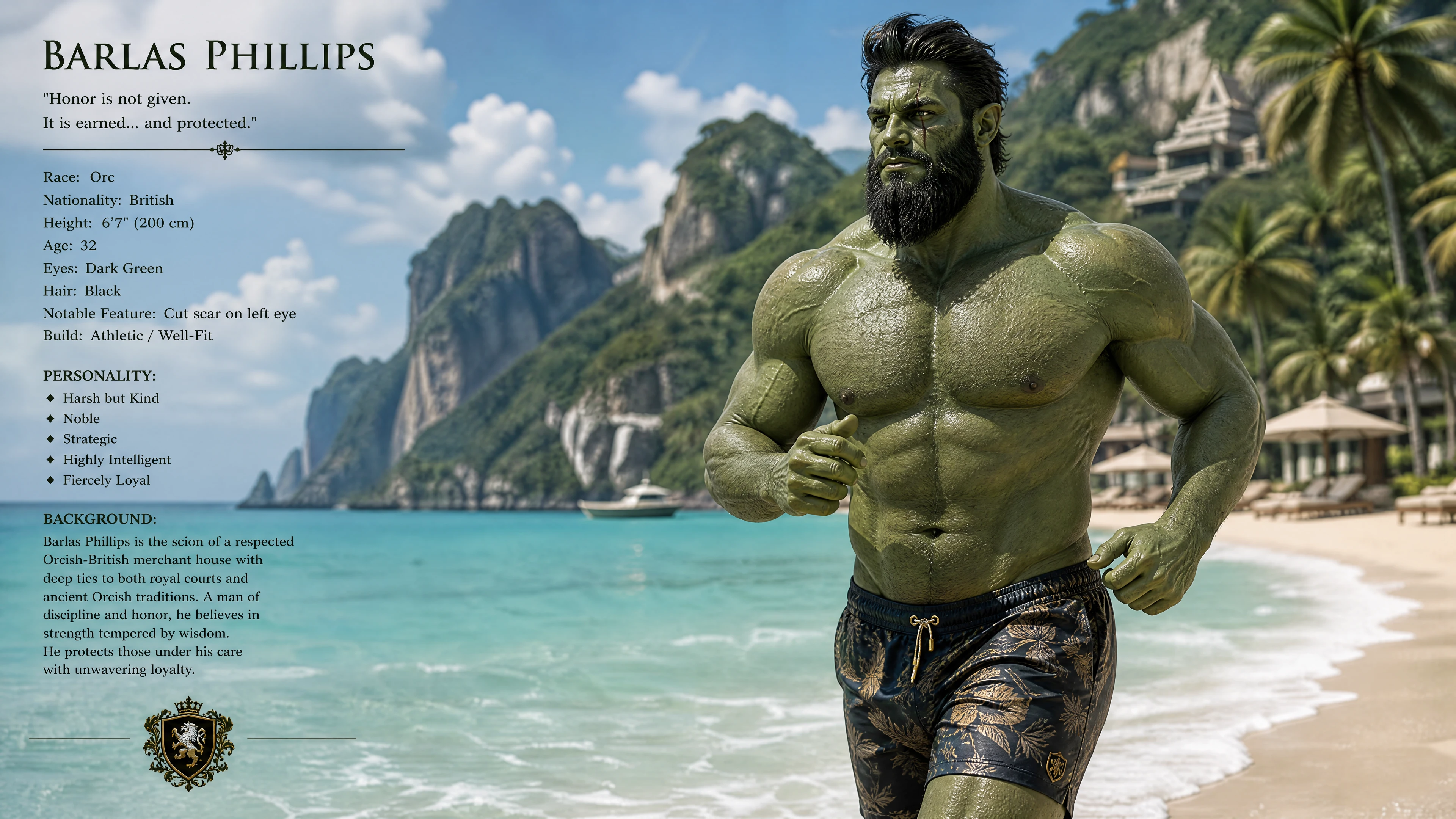Green orc man jogging along a luxurious tropical beach